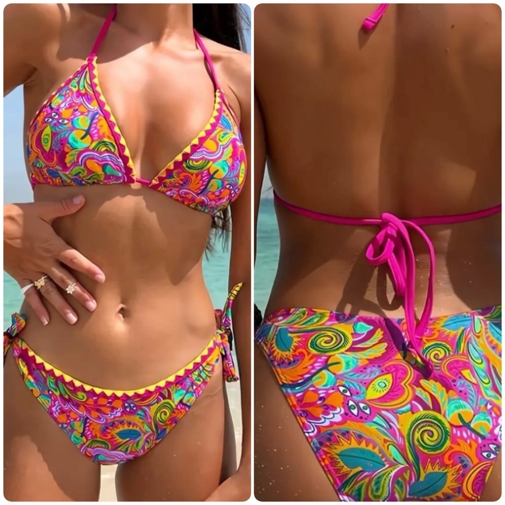 Multicolored Whip Stitching Halter Bikini Set